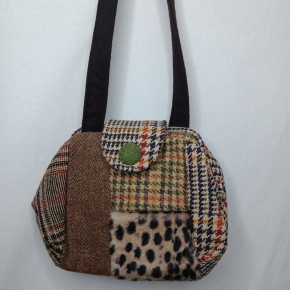 Range of Emotion Jeanea Michelle Purse Dont Forget Your Coat Brown Patches Wool - Picture 3 of 16